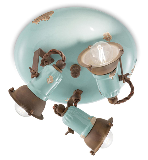 Immagine di Loft plafoniera 3 luci   ceiling lamp vintage azzurro  vintage light blue - 3 x max 46w e14 - ip20